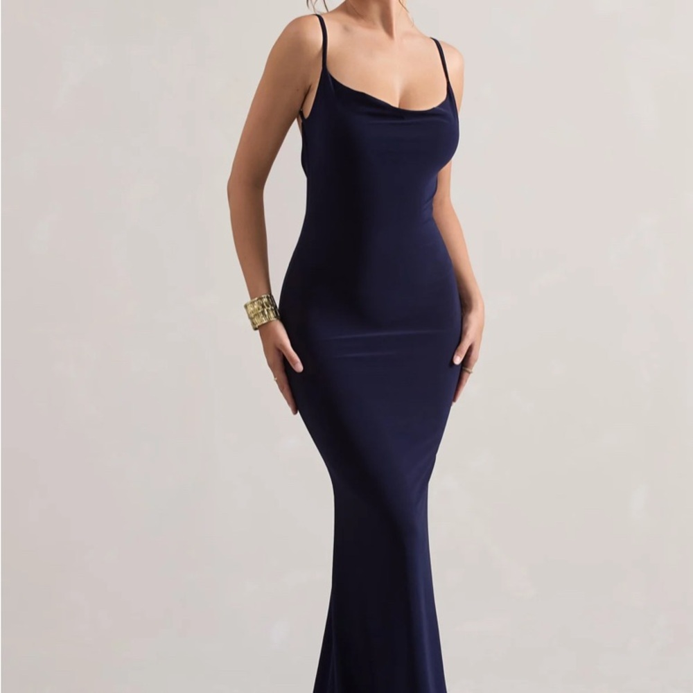 Francoise - Navy Cowl Neck Backless Maxi Dress With Lace Insert